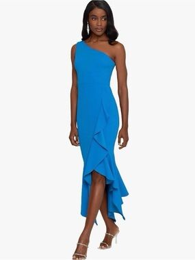 NWT Xscape One-Shoulder Blue Ruffle Midi Dress Sz 12